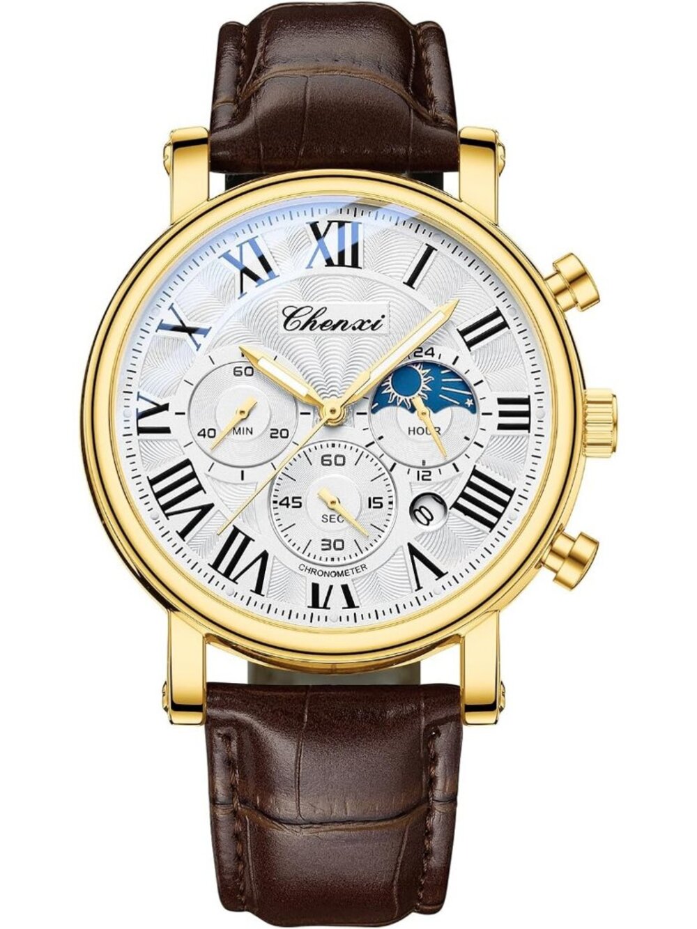 Men White Brown Leather Multifunctional Military Sports Analog Chronograph Watch